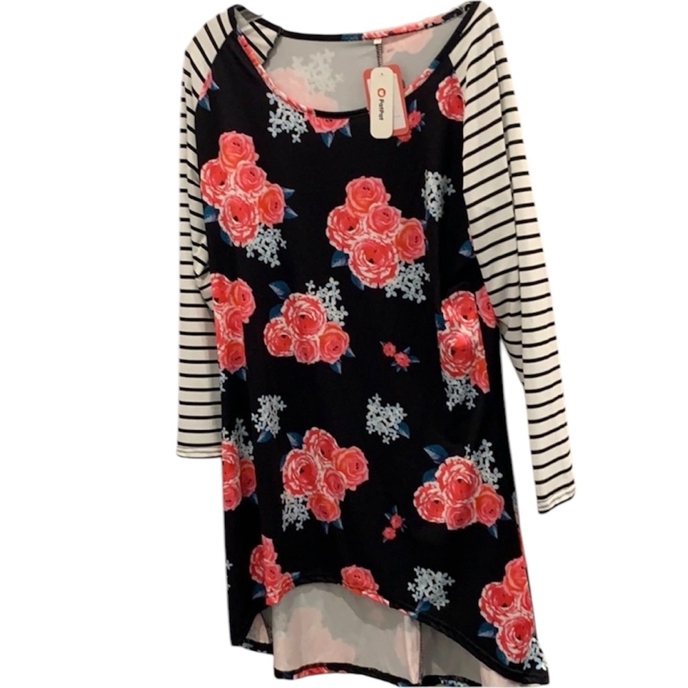 Floral and Striped Long Sleeve High Low Stretch Dress